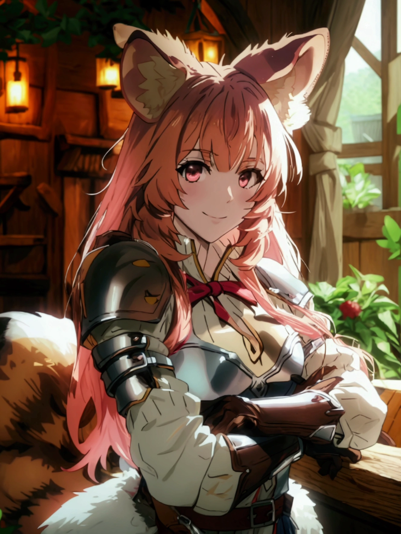 masterpiece, vibrant colours, hd, highres, absurdres, best quality, detailed, sharp, raphtalia, long hair, bangs, brown hair, animal ears, raccoon ears, raccoon tail, raccoon girl, pink eyes, smile, long sleeves, sweater, ribbed sweater, puffy sleeves, breastplate, red ribbon, gauntlets, glove, brown gloves, belt, skirt, armor, indoors, tavern, medieval, coffee, nature, looking at viewer, cowboy shot, dutch angle, dynamic pose,