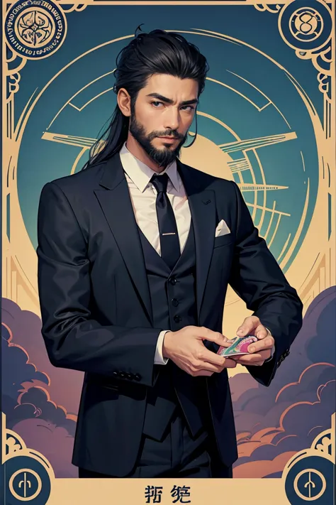 fortune teller well-tailored suit 。 tarot card decoration 、 japanese 、 ２０generation 、handsome man 、beard、hacker&#39;s hood、cryst...