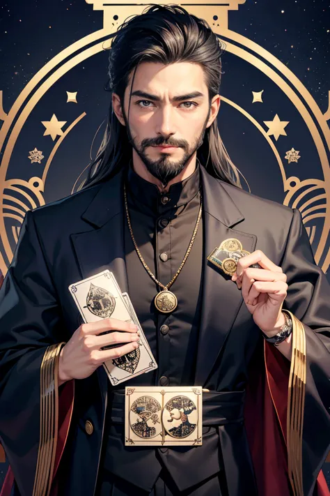 fortune teller well-tailored suit 。 tarot card decoration 、 japanese 、 ２０generation 、handsome man 、beard、hacker&#39;s hood、cryst...