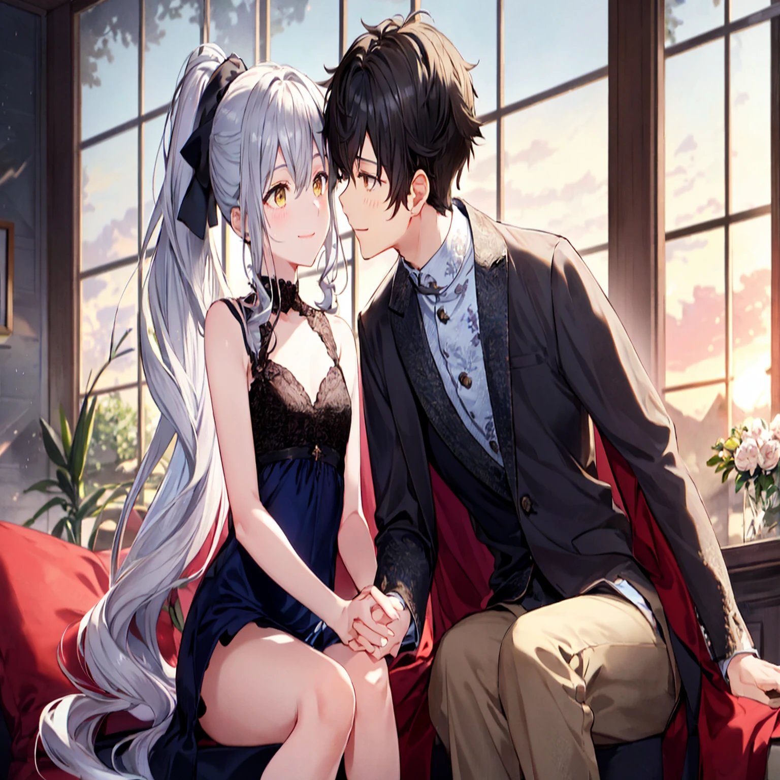 1 short black hair brown eyes male boy in full spring outfit and 1 long messy curly wavy silver hair high ponytail yellow eyes wriggling girl in full spring dress juliet slevess long slevess smiling, (Boy with girl smiling), (Boy with girl smiling and loviling)