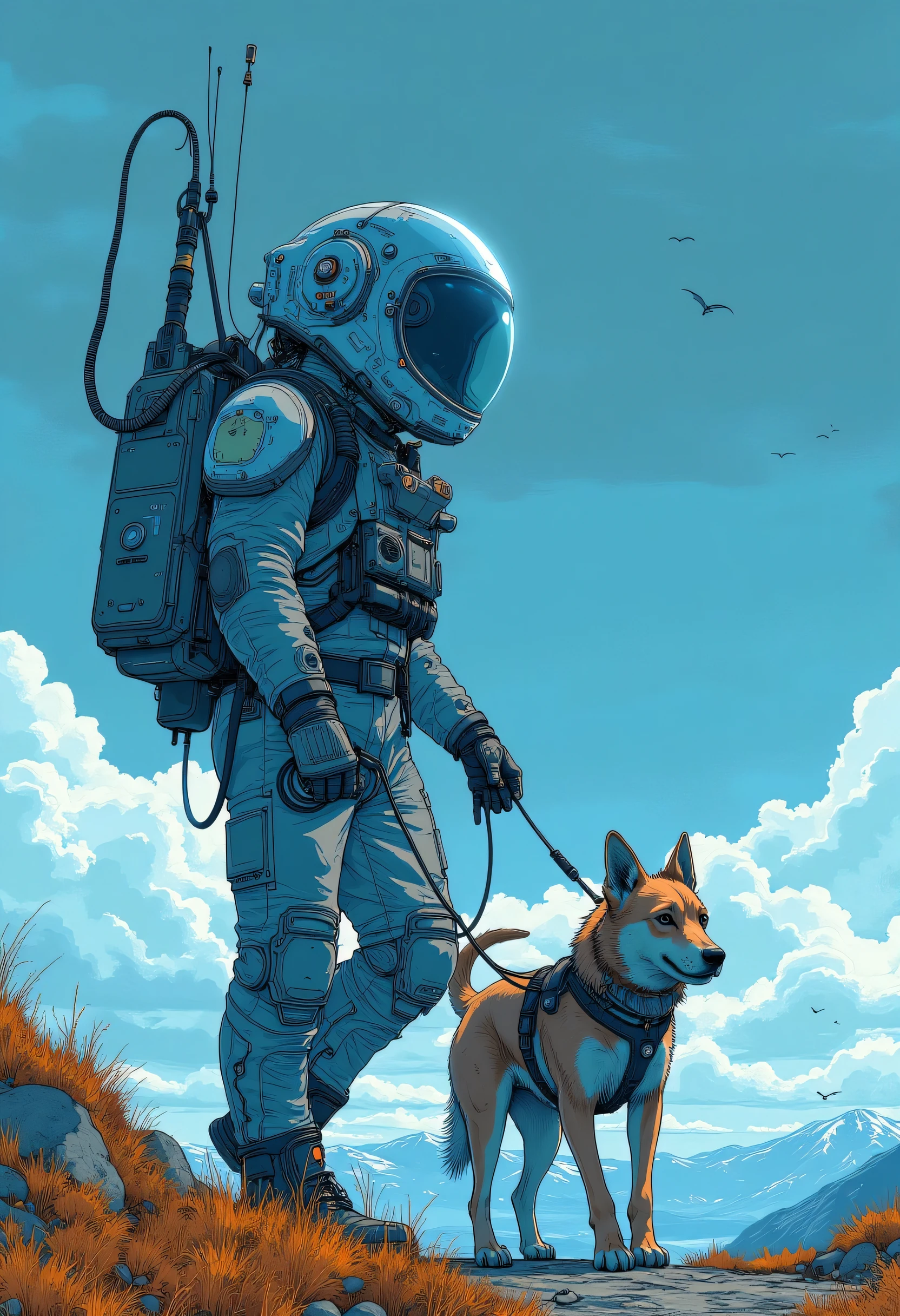 A spaceman walking a dog, posing in front of a large spaceship