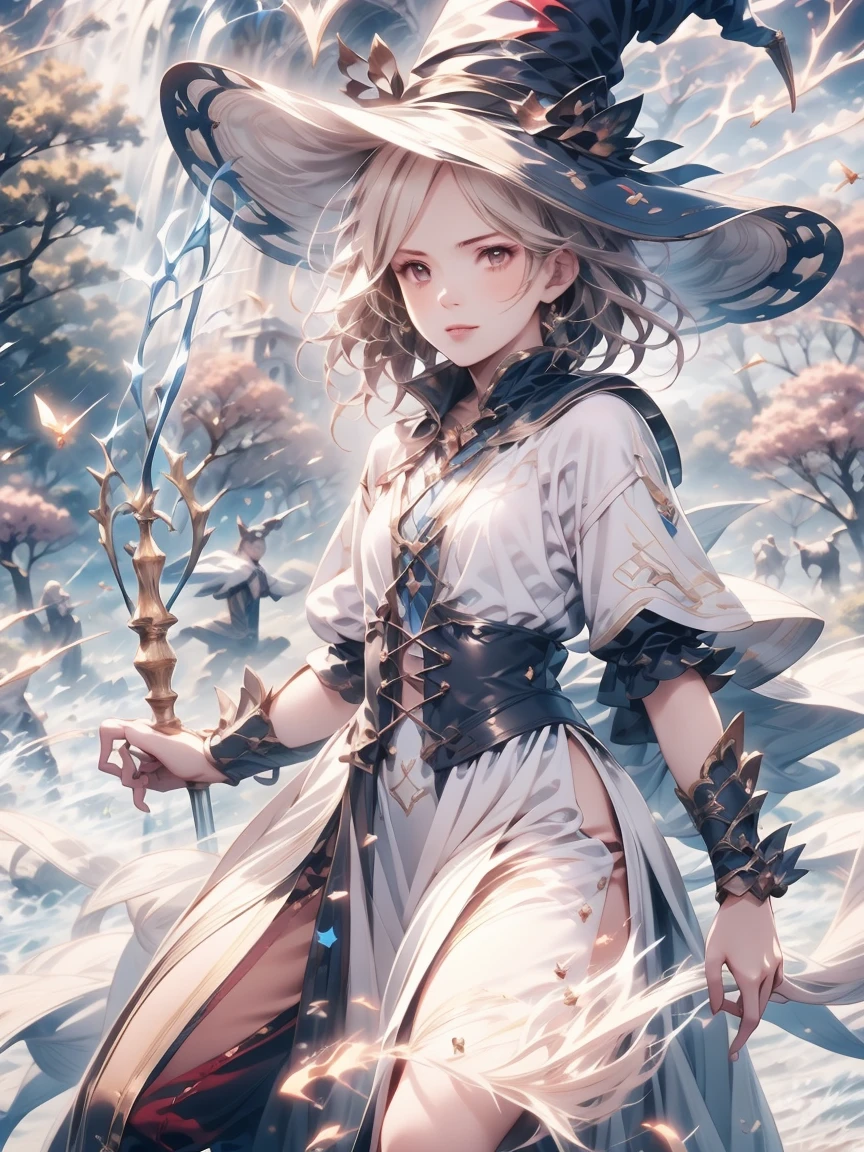 (masterpiece), best quality, Very detailed, A Magus girl with white hair holdding a magical，Electric magic，electrical arcs，lightning， Witch Hat, Ruffled skirt, Red and black clothing, Holding a magic wand, Magic lights, 