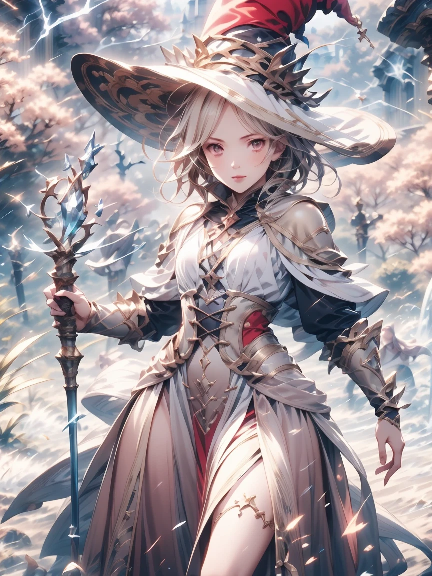 (masterpiece), best quality, Very detailed, A Magus girl with white hair holdding a magical，Electric magic，electrical arcs，lightning， Witch Hat, Ruffled skirt, Red and black clothing, Holding a magic wand, Magic lights, 