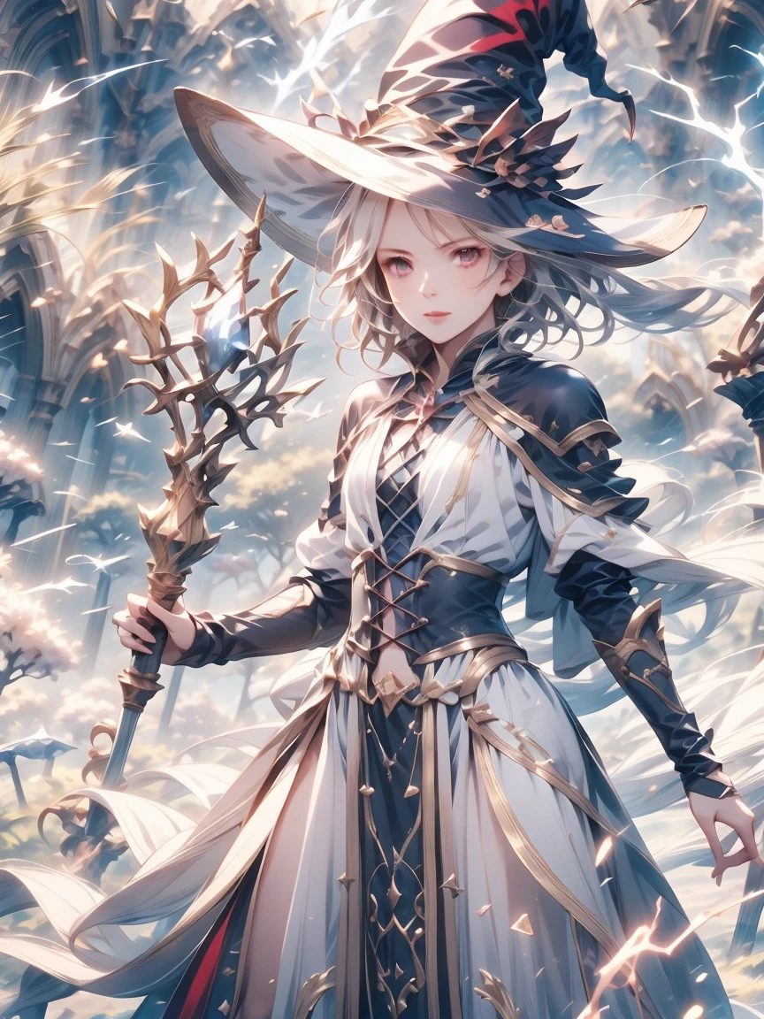 (masterpiece), best quality, Very detailed, A Magus girl with white hair holdding a magical，Electric magic，electrical arcs，lightning， Witch Hat, Ruffled skirt, Red and black clothing, Holding a magic wand, Magic lights, 