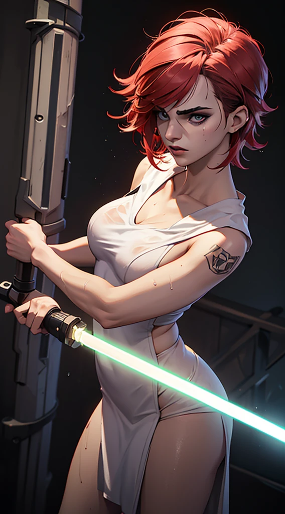 a redhead in a wet towel, in a completely dark environment. She is holding a lightsaber, and her body is faintly illuminated by the light of the saber, while the rest is dark.

(masterpiece, best quality, darck picture)