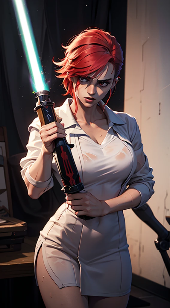 a redhead in a wet towel, in a completely dark environment. She is holding a lightsaber, and her body is faintly illuminated by the light of the saber, while the rest is dark.

(masterpiece, best quality, darck picture)