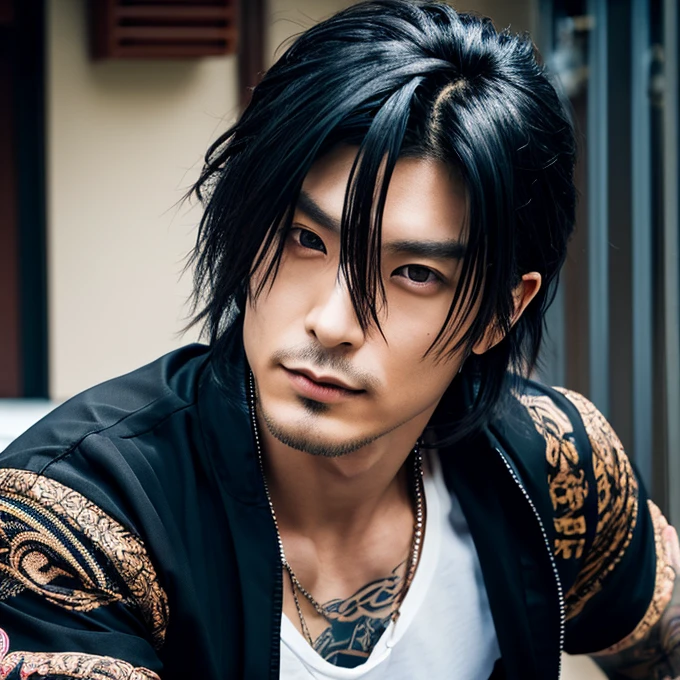 1  Japanese male rocker, Asian eyes, muscular, broad shoulders, yakuza tattoos, hairstyle Visual Kei style, hair Visual Kei, black men's shirt and black pants, ultra detailed face, hyperrealistic, realistic representation, 30 years old, age 30 years, black and bonde hair