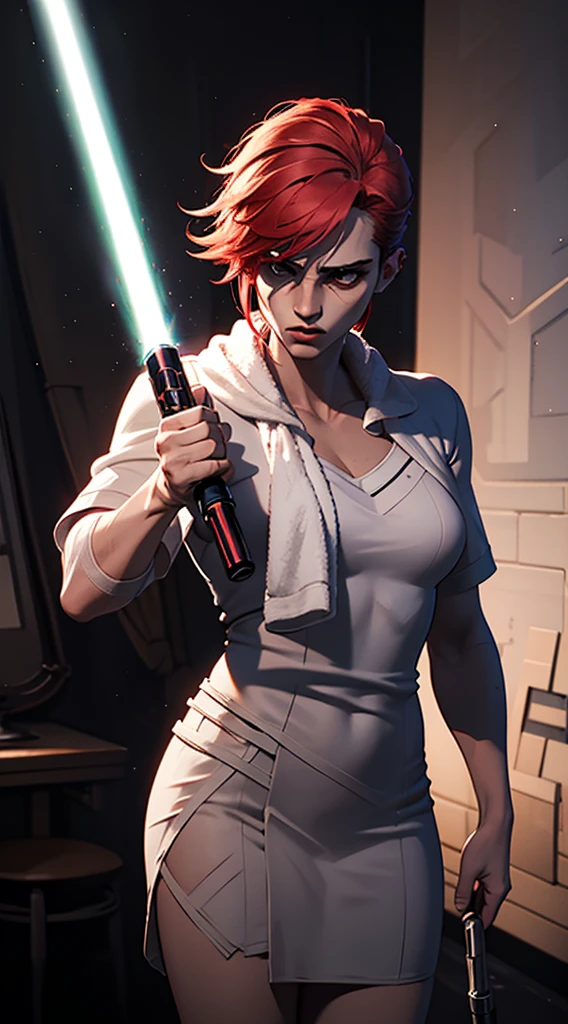 A redhead wrapped in a towel, in a completely dark environment, holding a lightsaber. His body is slightly revealed by the light emitted from the lightsaber, while the rest is covered in darkness.

(masterpiece, best quality, darck picture)