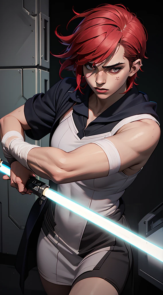 A redhead wrapped in a towel, in a completely dark environment, holding a lightsaber. His body is slightly revealed by the light emitted from the lightsaber, while the rest is covered in darkness.

(masterpiece, best quality, darck picture)