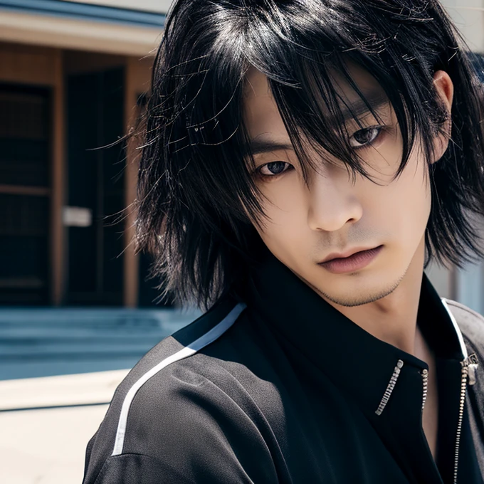 1  Japanese male rocker, Asian eyes, muscular, broad shoulders,  hairstyle Visual Kei style, hair Visual Kei, black men's shirt and black pants, ultra detailed face, hyperrealistic, realistic representation, 30 years old, age 30 years, black and bonde hair