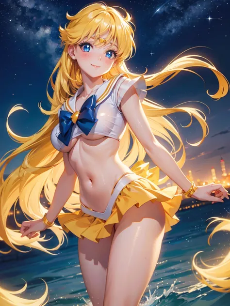 sexy  sailor venus  in a night with bright stars, long hair, looking at the viewer, smile, fringe, love, blue eyes, high resolut...