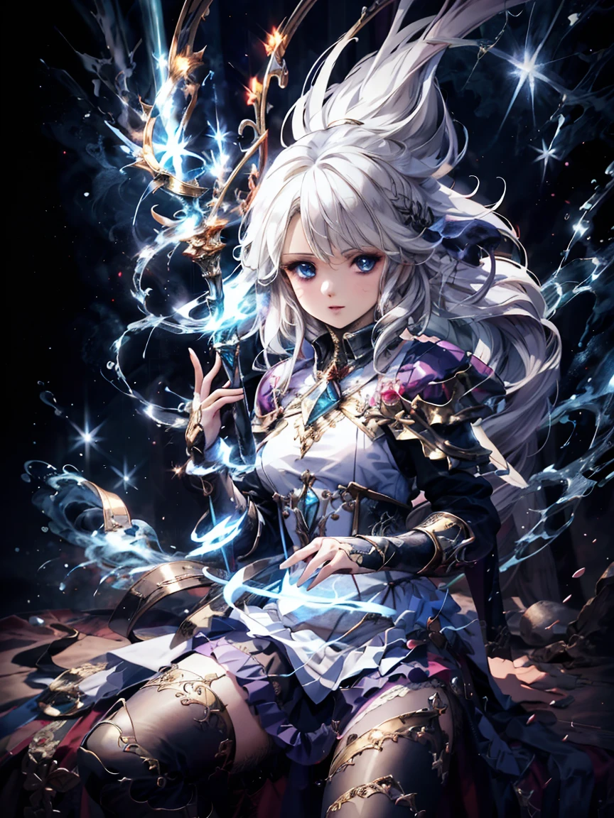 (masterpiece), best quality, Very detailed, A Magus girl with white hair holdding a magical，Electric magic，electrical arcs，lightning， Witch Hat, Ruffled skirt, Red and black clothing, Holding a magic wand, Magic lights