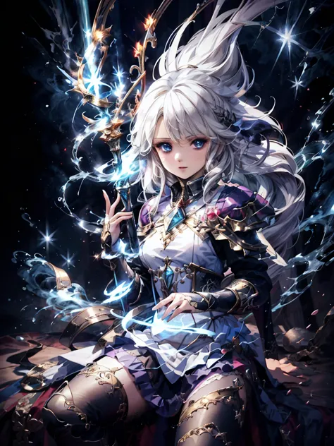 (masterpiece), best quality, very detailed, a magus girl with white hair holdding a magical，electric magic，electrical arcs，light...