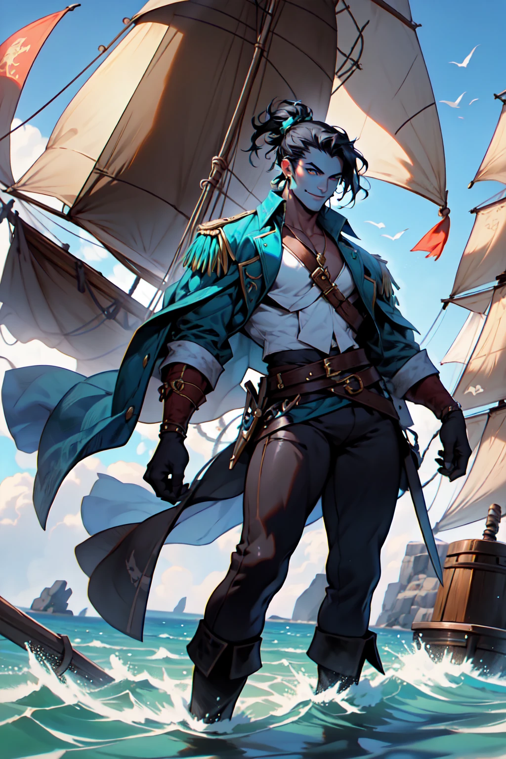 a dashing, tall, short-haired green-haired man bun male pirate, blue skin and captivating light blue eyes. pirate left black eye patch, black hair Adorned with muscular physique, boasting defined abs, Clad in black pirate armor and leather pirate gloves, he wears a confident smile, projecting a grand and formidable posture, Standing atop a pirate ship sailing the seas amidst pirate warfare, as the day breaks through the morning sky