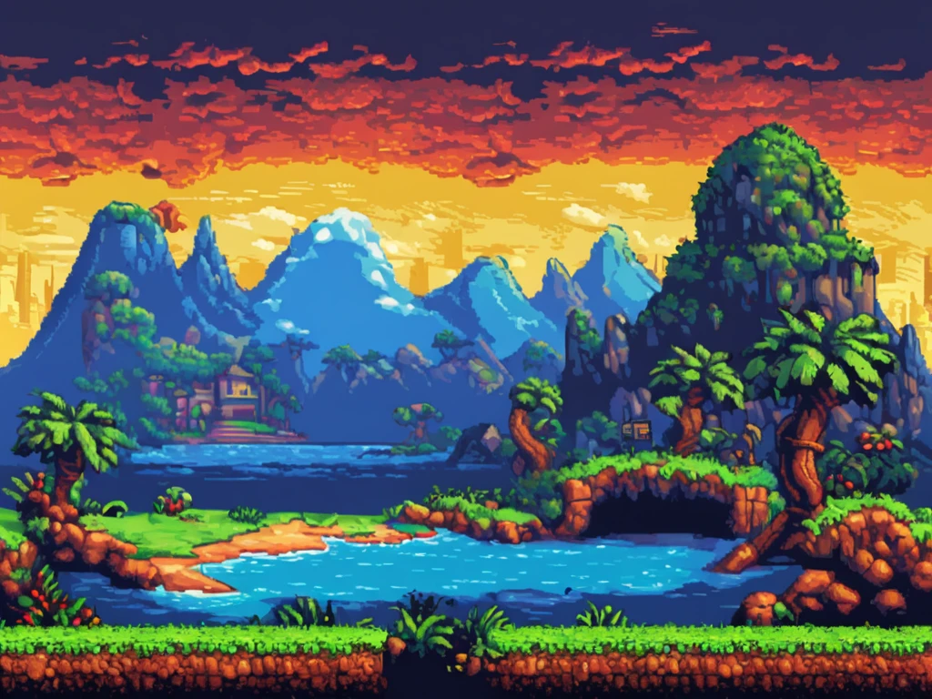 Mysterious continent,Island of Adventure, Pop art and comic book themed, 2D Side-scrolling Game, Front view, Pixel art