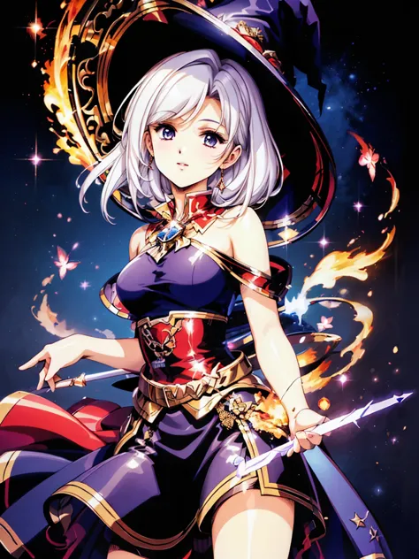 (masterpiece), best quality, very detailed, a magus girl with white hair holdding a magical，hart neckline，fire magic，big firebal...