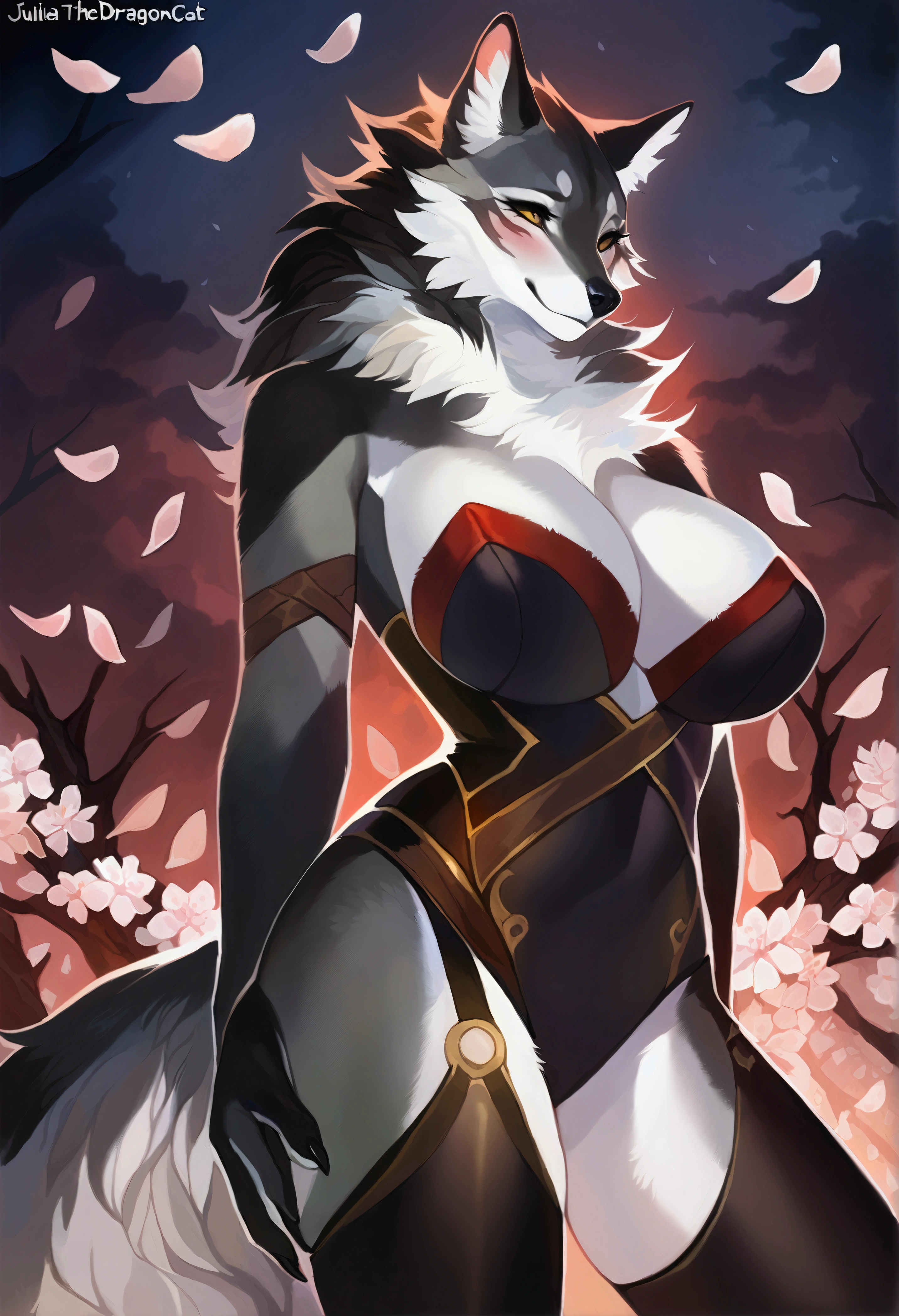 (top quality, best quality, by juliathedragoncat, High-quality illustrations, masterpiece, 16k, 1080p, uploaded on e621)(kemono, furry, anthro, alone), round, 1 female, hot mother figure, very detailed body face and eyes, wolf, Law, (Sdorica), grey fur, fluff, scars, big breasts, tail, perfect eyes, yellow eyes, beautiful master clothes, master legwear, beautiful night cherry blossom forest, body movement, body twitching, shy smile, red blushing,