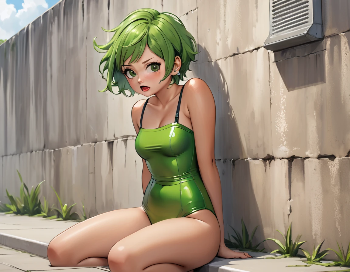 ((Best Quality)), ((Masterpiece)), ((Realistic)) ((Best Quality)), ((Masterpiece)),18 to2, deadly, , large nose, (small chest, flat chested:1.2) (belly grab:1.2), heavy eyeshadow, green lipstick, green short hair, great detail, detailed belly, arms crossed, pouting and angry, large wide lips, unique nose, eyes far apart, thick brown hair, freckles, tomboy, masterpiece, best quality, 1, , strapless one piece swimsuit pear_shaped_body sexy, textured pixie haircut (three quarter view) (leaning on a wall background) 6 and a half heads full body,  surprised, shocked, notice lines, trembling,