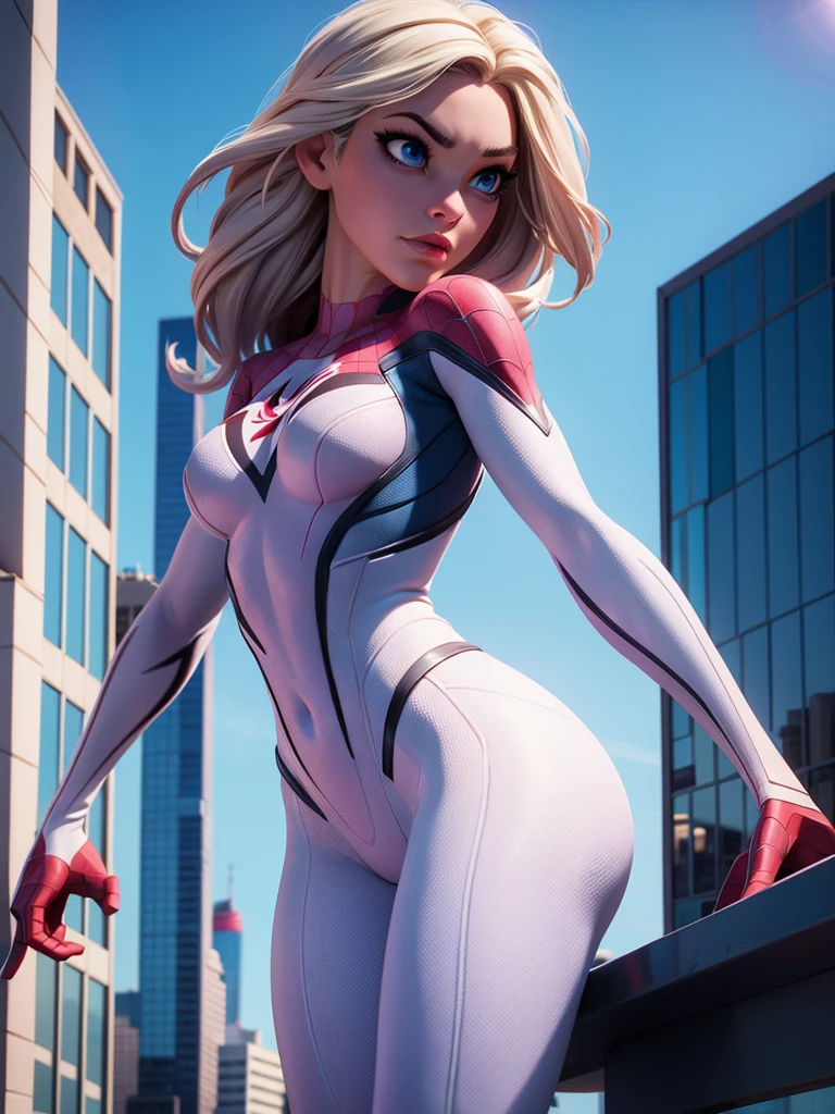 Sexy Spider Gwen with her superhero suit in the top of a building, blue eyes, breasts, High resolution, necessary, Awarded many times, high quality, textured skin, The best quality, anatomically correct, 