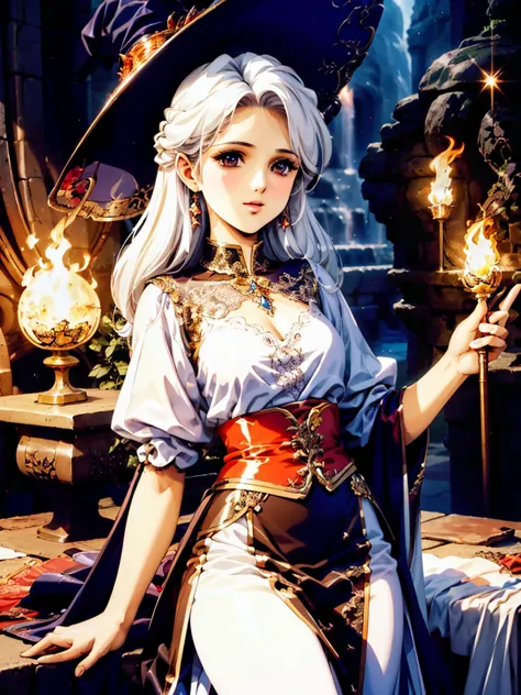 (masterpiece), best quality, very detailed, a magus girl with white hair holdding a magical，hart neckline，fire magic，big firebal...