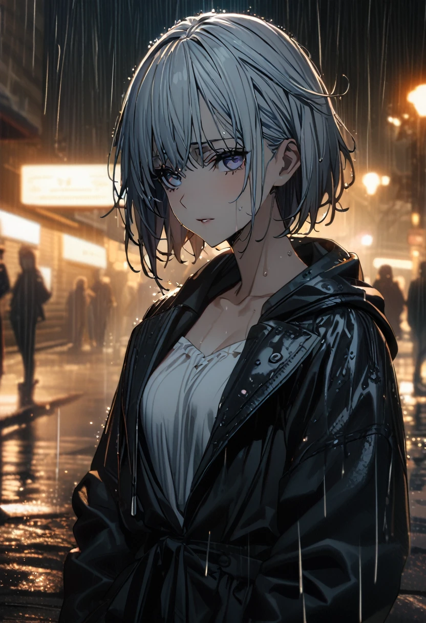 ((of the highest quality, 8k, masterpiece:1.3)), focused:1.2, Perfect body beauty:1.4, hips:1.2, ((Layered haircut, chest:1.2)), (wet clothes:1.1) , (rain, Street:1.3), strapless dress: 1.1, Very detailed face and skin texture., pretty eyes, double eyelid, White skin, by the wide, (shut up: 1.3)