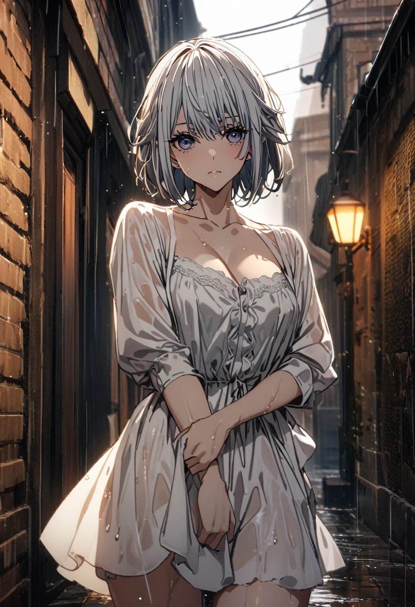 ((of the highest quality, 8k, masterpiece:1.3)), focused:1.2, Perfect body beauty:1.4, hips:1.2, ((Layered haircut, chest:1.2)), (wet clothes:1.1) , (rain, Street:1.3), strapless dress: 1.1, Very detailed face and skin texture., pretty eyes, double eyelid, White skin, by the wide, (shut up: 1.3)