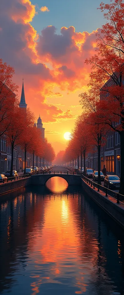 painting of a canal in a city with a sunset, Rob McNaughton, Autumn sunset, landscape artwork, Sun shine, background illustrations, rich and picturesque colors, at sunset in autumn, beautiful matte oil painting, Beautiful UHD 4K art, awesome art, Inspired by Esao Andrews, Inspired by John Atkinson Grimshaw, Amber glow, detailed painting 4k