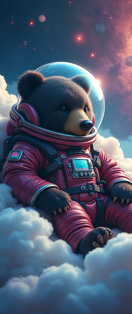 (cute cartoon style rendering:1.3), (((Close-up of a mighty bear sleeping on soft clouds))), (Stylish and complete cyberpunk spacesuit:1.2), ((open head)), dark fur, epic space landscape, black holes, ((Shining stars)), intricate design, bright colors, Masterpiece in maximum 16K resolution, Best Quality, ultra detailed, aesthetics, absurd.