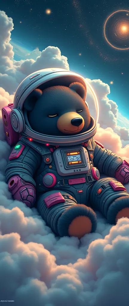 (cute cartoon style rendering:1.3), (((Close-up of a mighty bear sleeping on soft clouds))), (Stylish and complete cyberpunk spacesuit:1.2), ((open head)), dark fur, epic space landscape, black holes, ((Shining stars)), intricate design, bright colors, Masterpiece in maximum 16K resolution, Best Quality, ultra detailed, aesthetics, absurd.