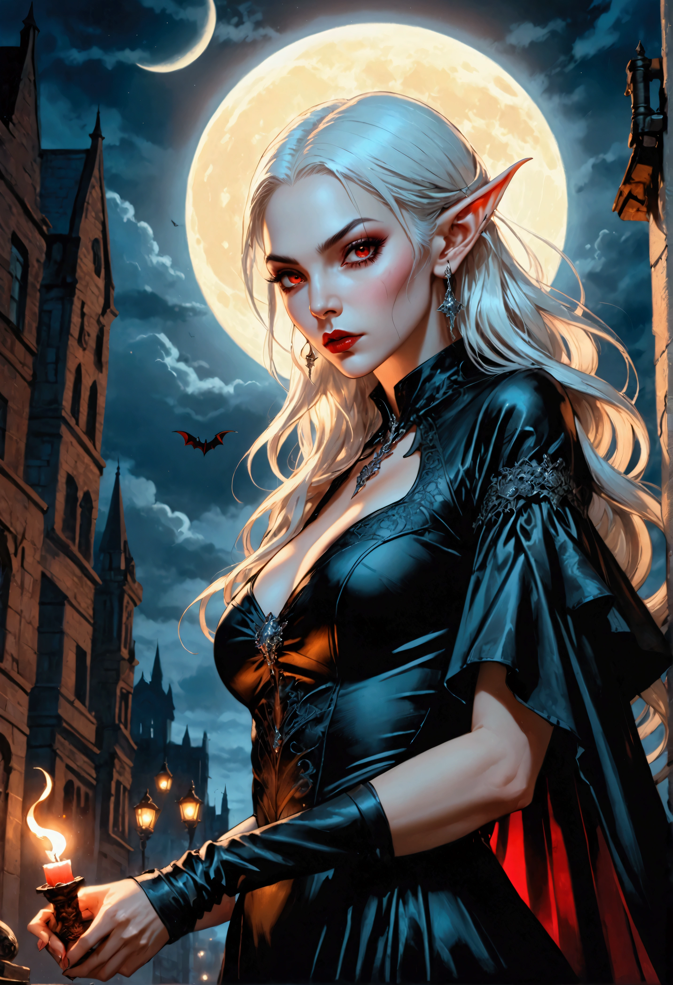 anime comic illustration fantasy art, gothic art, portrait of a female vampire elf, casting dark spell, with a long curvy hair, light color hair, red eyes, busty, Ultra Detailed Face, small pointed ears, blue cloak,  flowing cloak, wearing an intricate black leather dress,  high heeled boots, fantasy urban background, fantasy, at night light, natural ,moon light, clouds, gothic atmosphere, soft light, dynamic light,  high details, best quality, 32k, [ultra detailed], masterpiece, best quality, (extremely detailed), dynamic angle, oil pastel