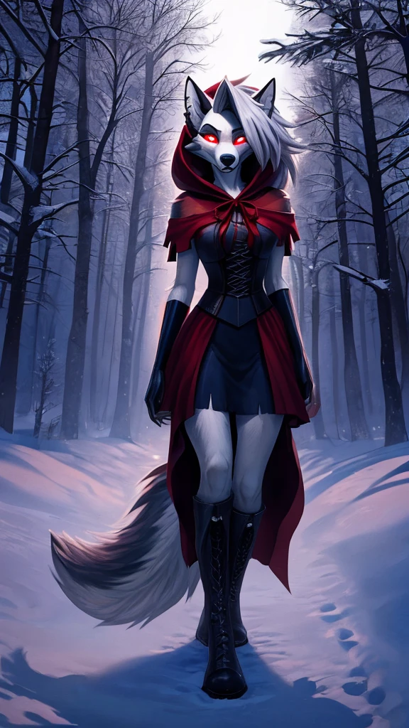 Loona from Helluva Boss, anthro, female wolf, red riding hood outfit, boots, tall, white hair, forest at night, snow, dark, detailed, solo, beautiful, high quality, shadowy, glowing eyes, omnious, full body, silhouette, darkness, 4K