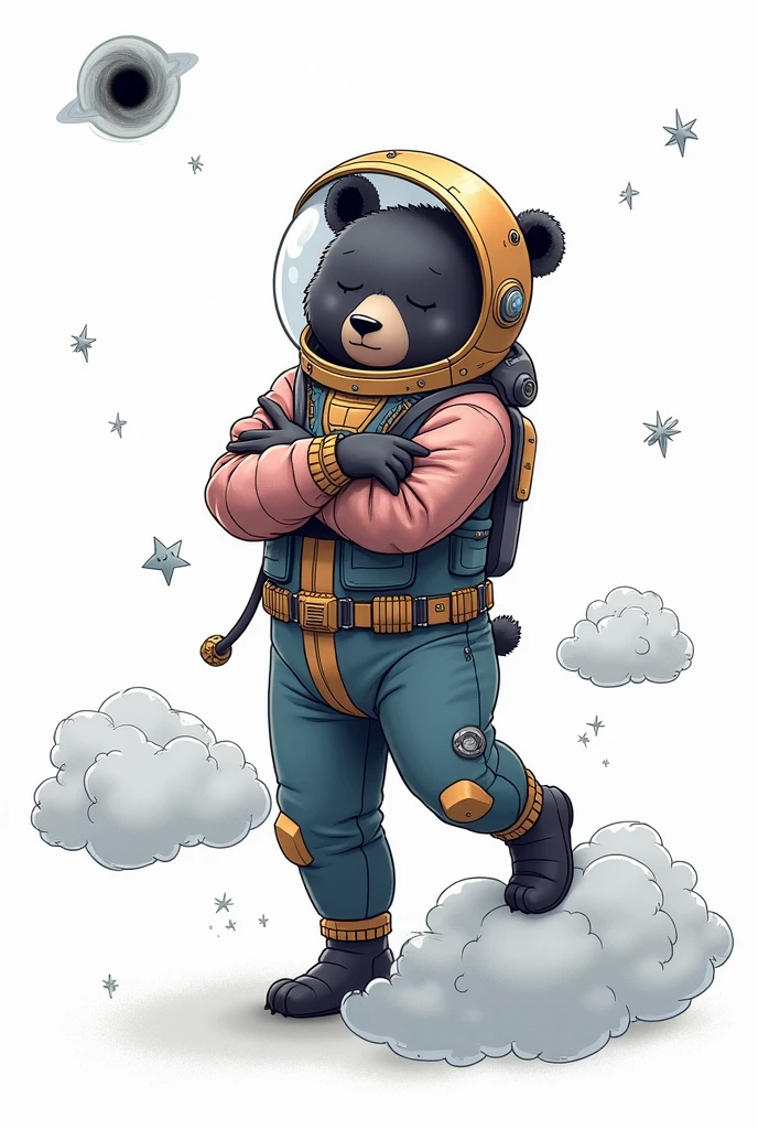 (cute cartoon style rendering:1.3), (((Close-up of a mighty bear sleeping on soft clouds))), (Stylish and complete cyberpunk spacesuit:1.2), ((open head)), dark fur, epic space landscape, black holes, ((Shining stars)), intricate design, bright colors, Masterpiece in maximum 16K resolution, Best Quality, ultra detailed, aesthetics, absurd.