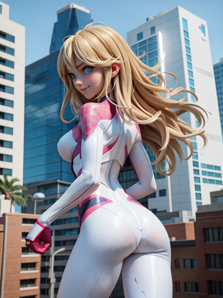 Sexy Spider Gwen with her superhero suit,ripped and damaged, in the top of a building, blue eyes, breasts, High resolution, necessary, Awarded many times, high quality, textured skin, The best quality, anatomically correct, from behind, smile, blue eyes, 