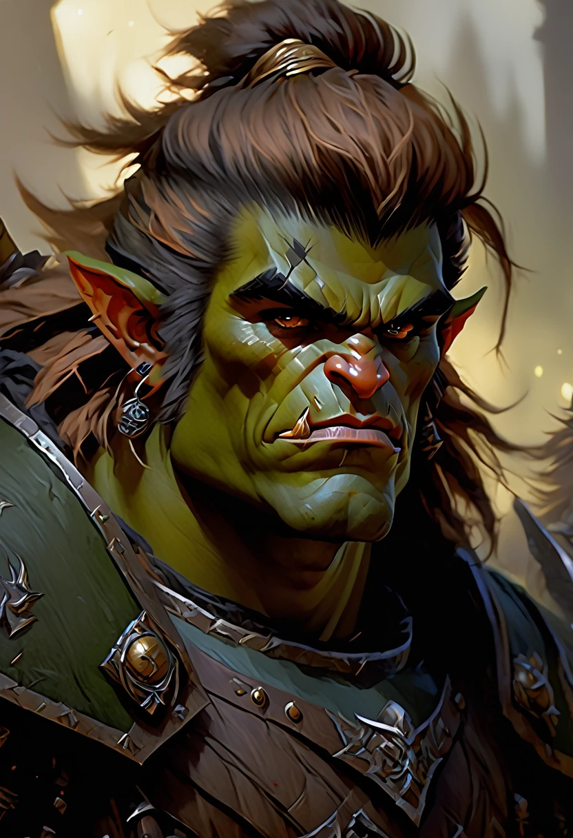 Warhammer Azeroth young handsome but fierce male orcs with copper bronze hair and olive brown green skin