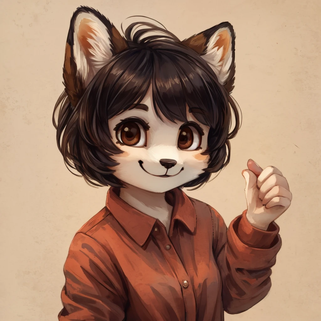 A medium close-up of an anthropomorphic dark hair lady with short hair, brown eyes, happy, closed smile, casual and mother-like clothes, high quality furry art, chibi style.