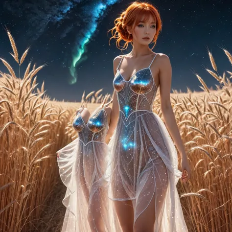 1 girl, alone, long orange hair, standing looking at the sky, revealing white dress, tight dress, starry night, night with north...