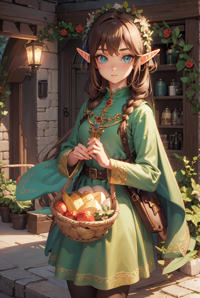 3D character, elf with brown hair, Elf Princess, Wreath in the hair, stylized character, fantasies, Tolkien 