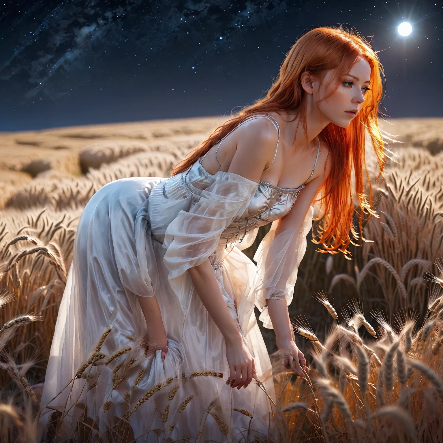 1 girl, alone, long orange hair, standing looking at the sky, revealing white dress, tight dress, starry night, night with northern lights, on a wheat background, sexy body. sensual. shy pose, embarrassed, embarrassed face, a lot of wind, air.(general theme: (sci fi movie)),(multiple themes)(complex details)(very high quality,4k,8K,high resolution,masterpiece:1.2) , ultra detailed, Realistic, photoRealistic:1.37, hdr, HD, studio lighting, extreme detailed description, Professional, vivid colors, best quality, Realistic, higres, masterpiece:1.2), an attractive woman (2) ,(dyed orange hair)), flowery desert[sci-fi|fantasy], she is looking at the night sky, full body tempting body, amazing, full body, full body, show her off head to toe translucent outfit.