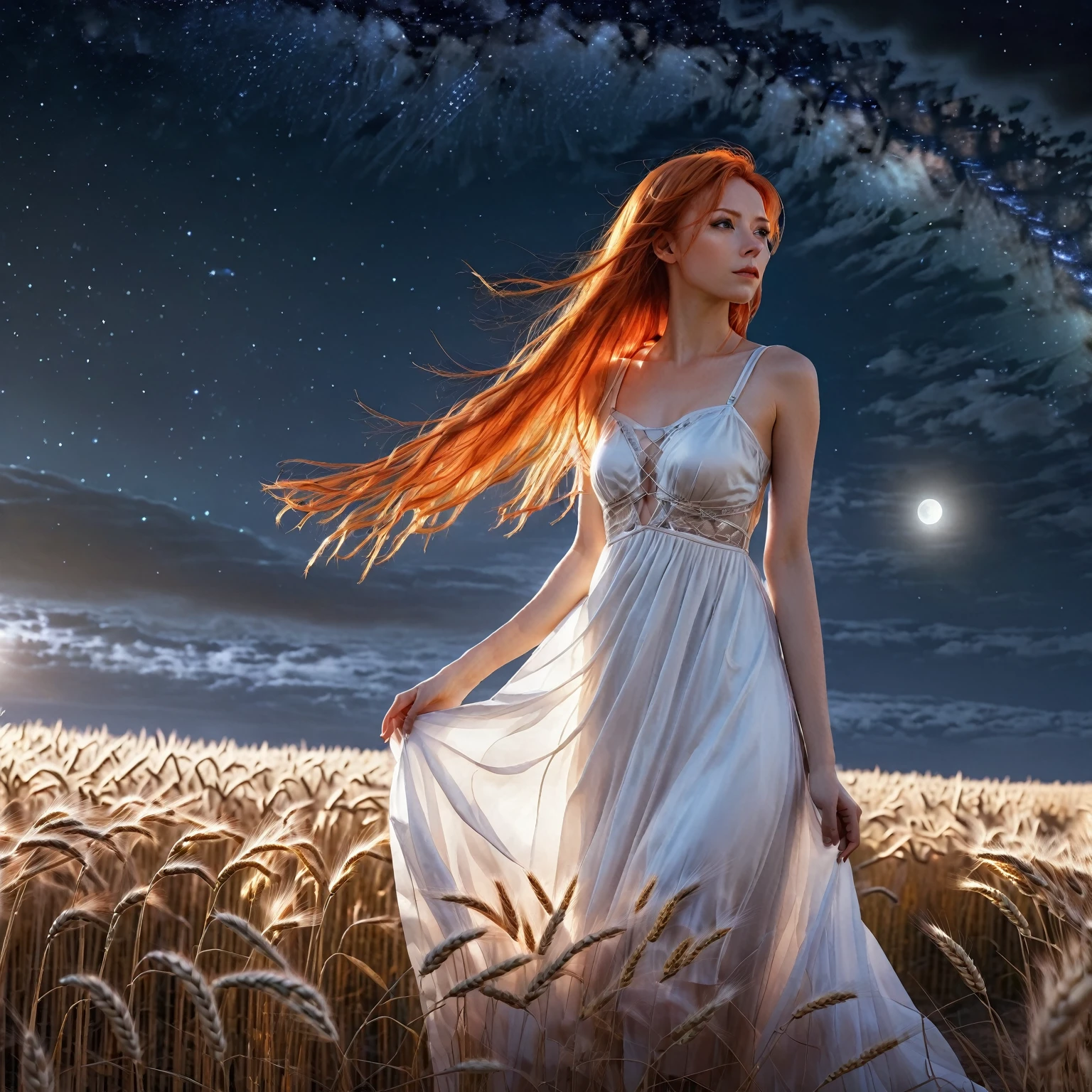 1 girl, alone, long orange hair, standing looking at the sky, revealing white dress, tight dress, starry night, night with northern lights, on a wheat background, sexy body. sensual. shy pose, embarrassed, embarrassed face, a lot of wind, air.(general theme: (sci fi movie)),(multiple themes)(complex details)(very high quality,4k,8K,high resolution,masterpiece:1.2) , ultra detailed, Realistic, photoRealistic:1.37, hdr, HD, studio lighting, extreme detailed description, Professional, vivid colors, best quality, Realistic, higres, masterpiece:1.2), an attractive woman (2) ,(dyed orange hair)), flowery desert[sci-fi|fantasy], she is looking at the night sky, full body tempting body, amazing, full body, full body, show her off head to toe translucent outfit.