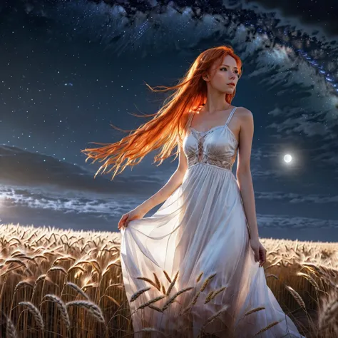 1 girl, alone, long orange hair, standing looking at the sky, revealing white dress, tight dress, starry night, night with north...