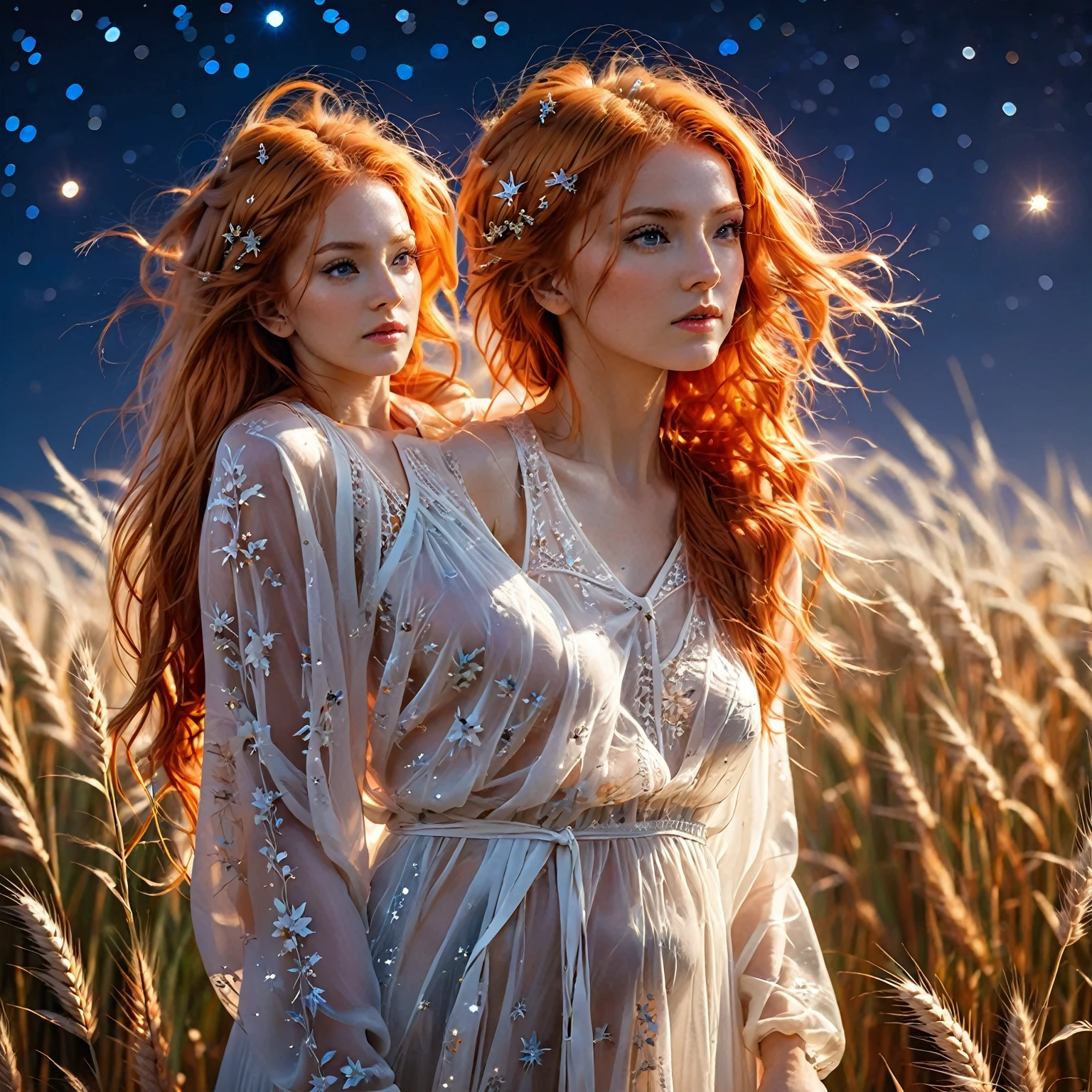 1 girl, alone, long orange hair, standing looking at the sky, revealing white dress, tight dress, starry night, night with northern lights, on a wheat background, sexy body. sensual. shy pose, embarrassed, embarrassed face, a lot of wind, air.(general theme: (sci fi movie)),(multiple themes)(complex details)(very high quality,4k,8K,high resolution,masterpiece:1.2) , ultra detailed, Realistic, photoRealistic:1.37, hdr, HD, studio lighting, extreme detailed description, Professional, vivid colors, best quality, Realistic, higres, masterpiece:1.2), an attractive woman (2) ,(dyed orange hair)), flowery desert[sci-fi|fantasy], she is looking at the night sky, full body tempting body, amazing, full body, full body, show her off head to toe translucent outfit. Sensuality body.