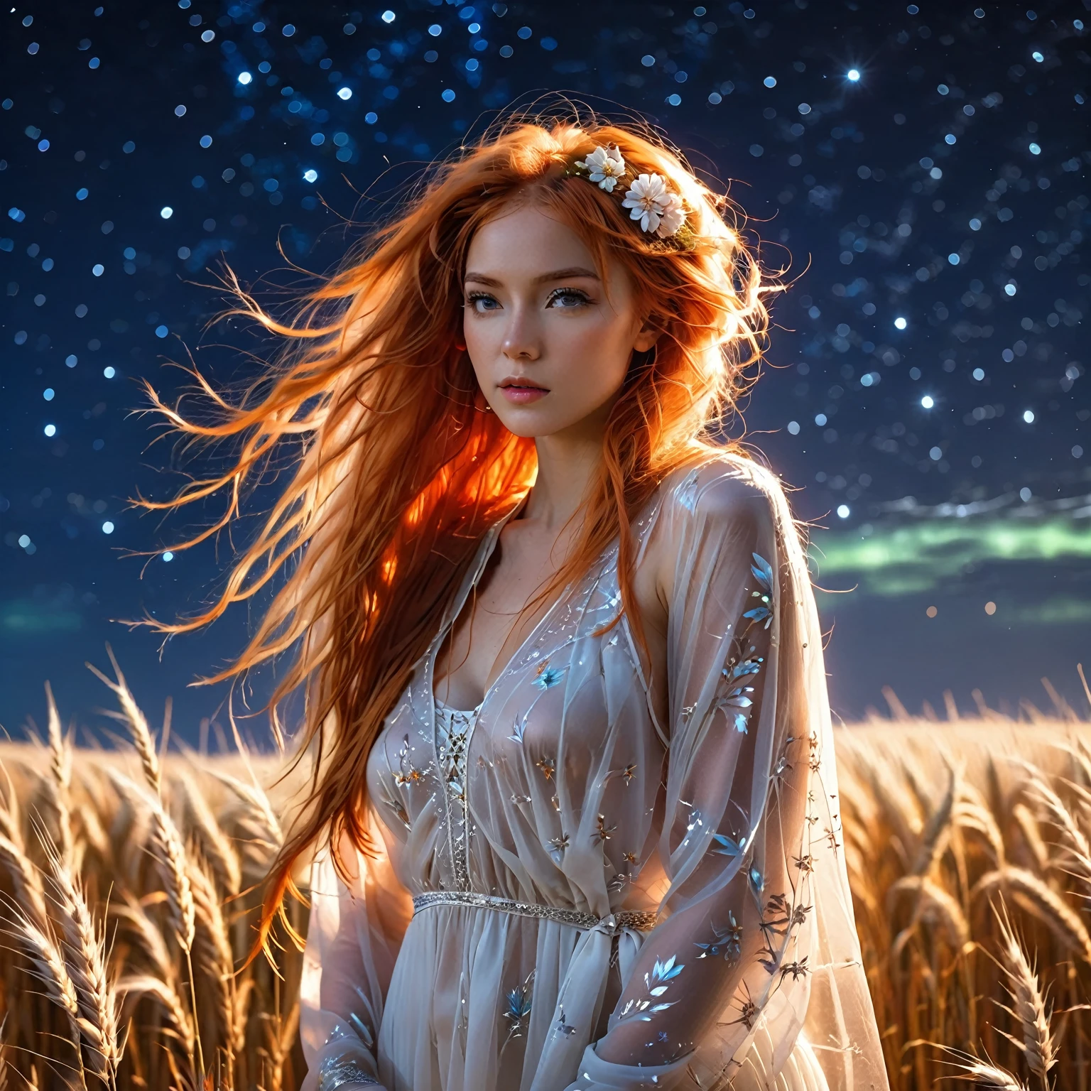 1 girl, alone, long orange hair, standing looking at the sky, revealing white dress, tight dress, starry night, night with northern lights, on a wheat background, sexy body. sensual. shy pose, embarrassed, embarrassed face, a lot of wind, air.(general theme: (sci fi movie)),(multiple themes)(complex details)(very high quality,4k,8K,high resolution,masterpiece:1.2) , ultra detailed, Realistic, photoRealistic:1.37, hdr, HD, studio lighting, extreme detailed description, Professional, vivid colors, best quality, Realistic, higres, masterpiece:1.2), an attractive woman (2) ,(dyed orange hair)), flowery desert[sci-fi|fantasy], she is looking at the night sky, full body tempting body, amazing, full body, full body, show her off head to toe translucent outfit. Sensuality body.