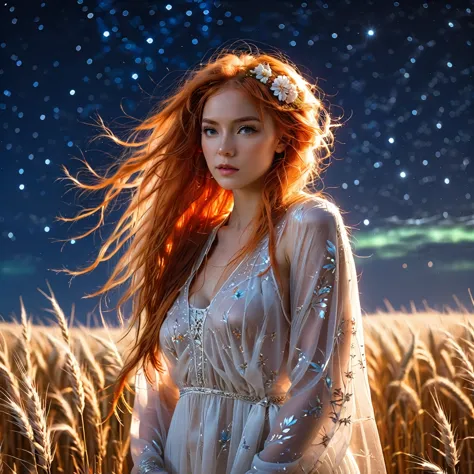 1 girl, alone, long orange hair, standing looking at the sky, revealing white dress, tight dress, starry night, night with north...