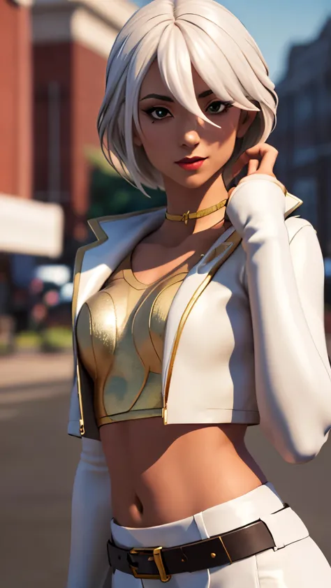 city background, 1girl, solo, aphroditefn, aphrodite from fortnite, (crop top, gold top, open clothes), (jacket crop top, white ...