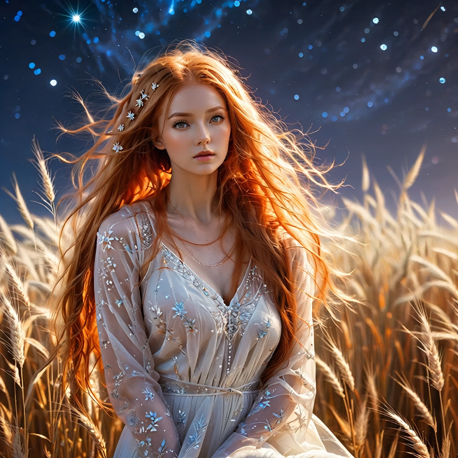 1 girl, alone, long orange hair, standing looking at the sky, revealing white dress, tight dress, starry night, night with northern lights, on a wheat background, sexy body. sensual, embarrassed, embarrassed face.(general theme: (sci fi movie)),(complex details)(very high quality,4k,8K,high resolution,masterpiece, ultra detailed, Realistic,HD, studio lighting, extreme detailed description, Professional, vivid colors, best quality, Realistic, higres, masterpiece:1.2), an attractive woman, (long orange hair)), flowery desert, fantasy. she is cute girl. full body tempting body, amazing, full body, full body, show her off head to toe translucent outfit. Sensuality body.