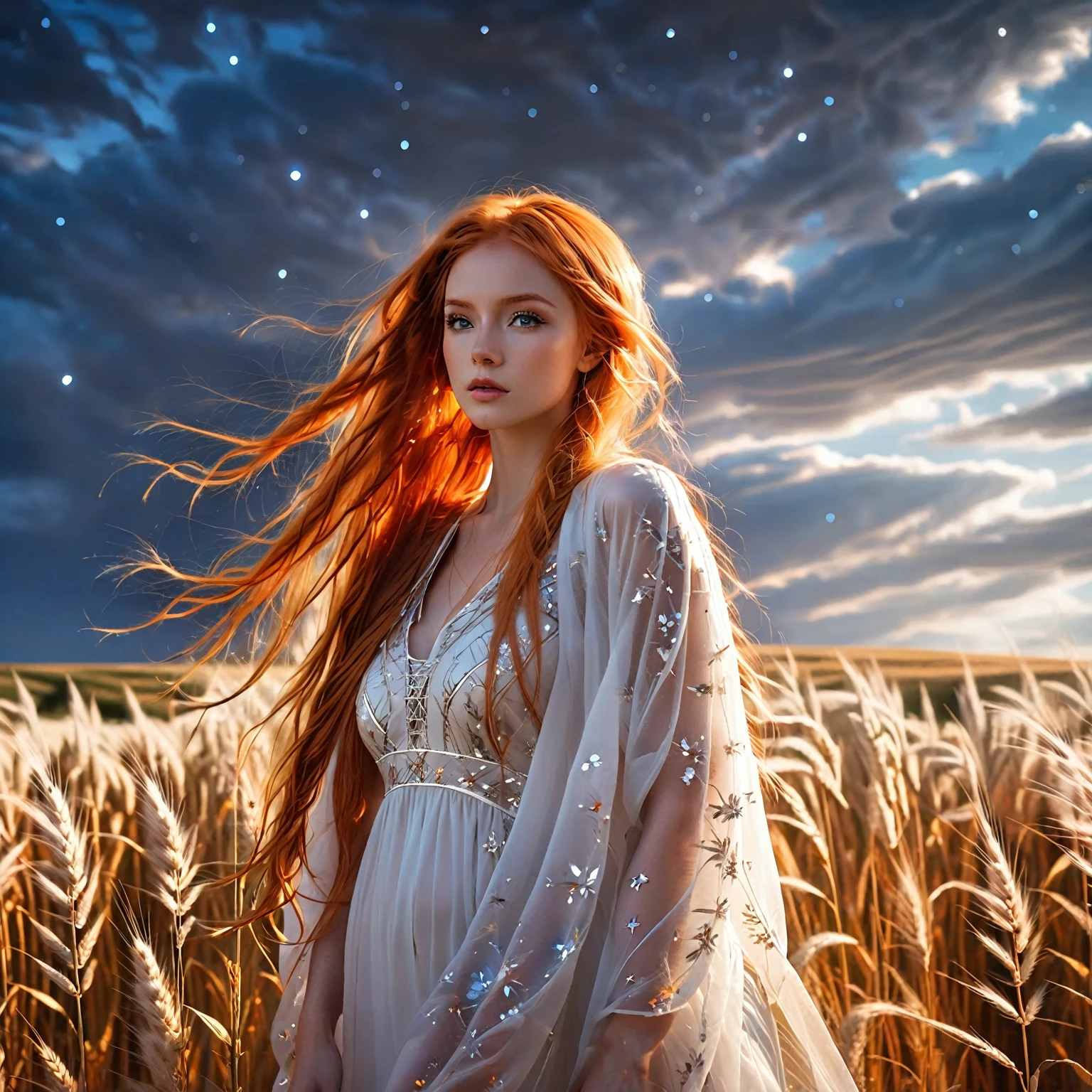 1 girl, alone, long orange hair, standing looking at the sky, revealing white dress, tight dress, starry night, night with northern lights, on a wheat background, sexy body. sensual, embarrassed, embarrassed face.(general theme: (sci fi movie)),(complex details)(very high quality,4k,8K,high resolution,masterpiece, ultra detailed, Realistic,HD, studio lighting, extreme detailed description, Professional, vivid colors, best quality, Realistic, higres, masterpiece:1.2), an attractive woman, (long orange hair)), flowery desert, fantasy. she is cute girl. full body tempting body, amazing, full body, full body, show her off head to toe translucent outfit. Sensuality body.