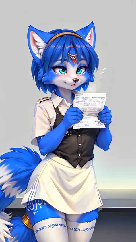 a picture of ((krystal)), star fox krystal, lovable, green eyes, medium breasts, (((long blue hair 1.3))), decollete, anthro, fu...