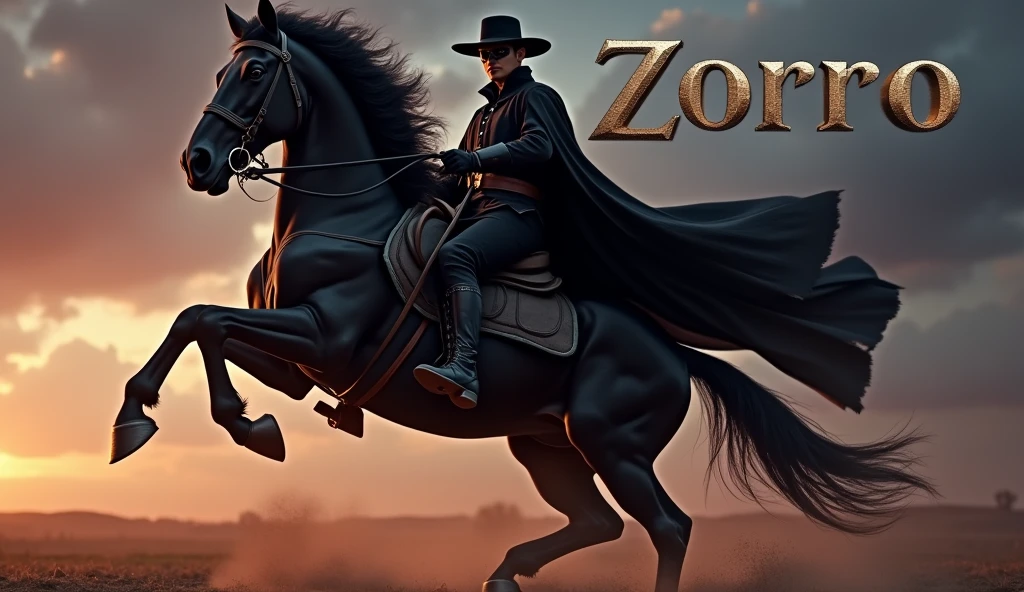 Create a dramatic, action-packed image of Zorro riding his powerful black horse, Tornado. Zorro, dressed in his iconic black outfit, including the mask, hat, and cape, is captured mid-motion, exuding confidence and determination. Tornado, a majestic black stallion, is rearing up on its hind legs, showcasing its strength and agility. The scene is set against a dusky sky, with warm tones of orange and purple, adding to the heroic atmosphere. Above the scene, in bold, striking letters, the title "ZORRO" is displayed prominently. The text should be in a classic, sharp-edged font, colored in metallic silver or gold, standing out against the dark, dramatic backdrop. The overall composition should be dynamic, capturing the power and mystique of both Zorro and Tornado.