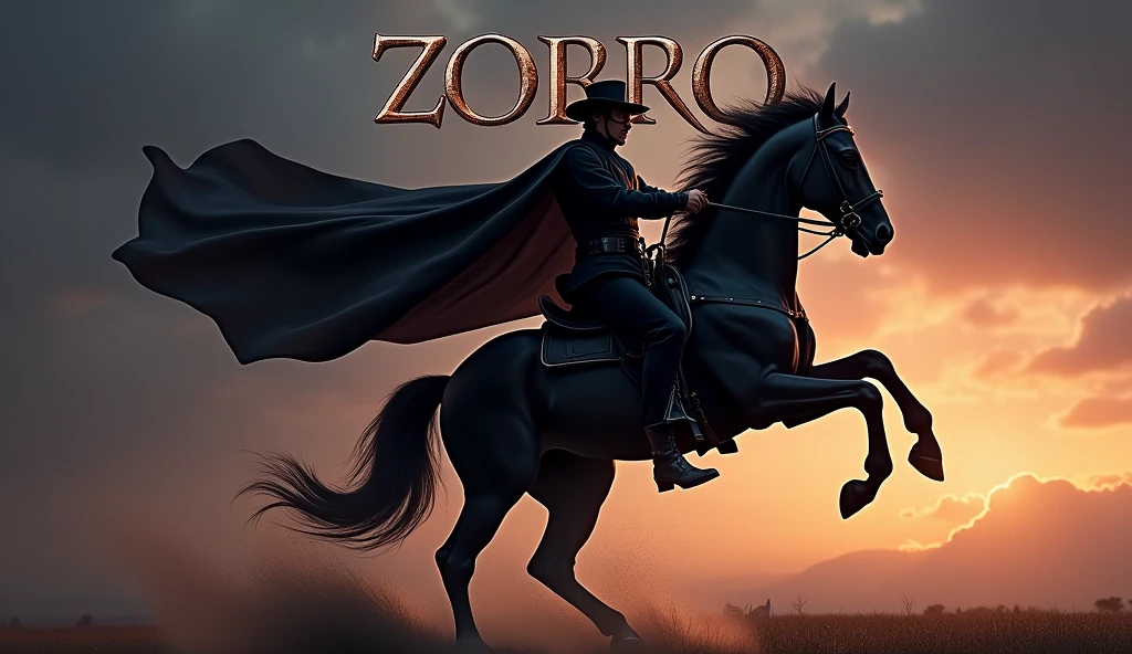 Create a dramatic, action-packed image of Zorro riding his powerful black horse, Tornado. Zorro, dressed in his iconic black outfit, including the mask, hat, and cape, is captured mid-motion, exuding confidence and determination. Tornado, a majestic black stallion, is rearing up on its hind legs, showcasing its strength and agility. The scene is set against a dusky sky, with warm tones of orange and purple, adding to the heroic atmosphere. Above the scene, in bold, striking letters, the title "ZORRO" is displayed prominently. The text should be in a classic, sharp-edged font, colored in metallic silver or gold, standing out against the dark, dramatic backdrop. The overall composition should be dynamic, capturing the power and mystique of both Zorro and Tornado.