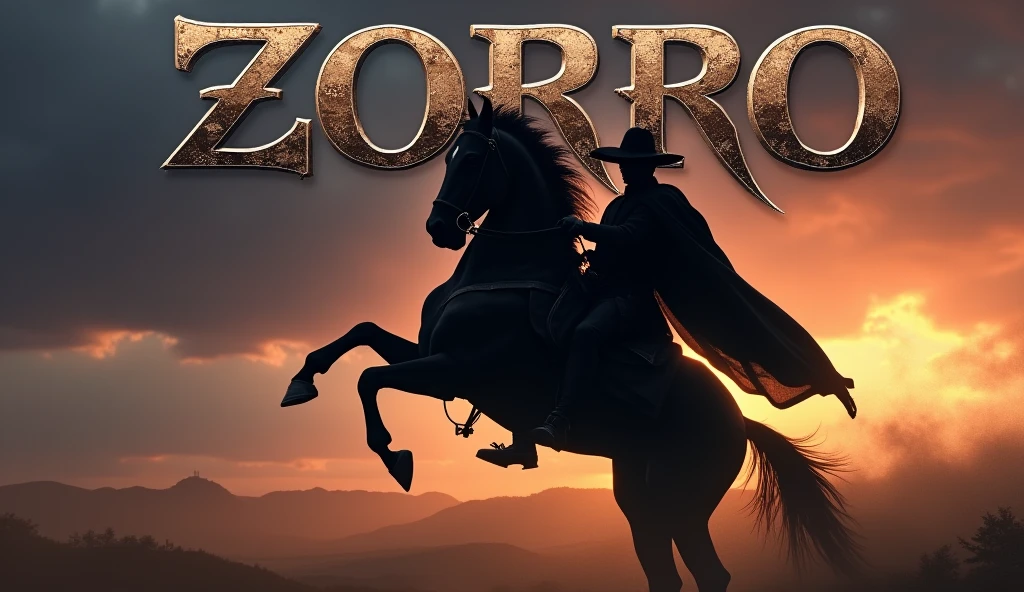 Create a dramatic, action-packed image of Zorro riding his powerful black horse, Tornado. Zorro, dressed in his iconic black outfit, including the mask, hat, and cape, is captured mid-motion, exuding confidence and determination. Tornado, a majestic black stallion, is rearing up on its hind legs, showcasing its strength and agility. The scene is set against a dusky sky, with warm tones of orange and purple, adding to the heroic atmosphere. Above the scene, in bold, striking letters, the title "ZORRO" is displayed prominently. The text should be in a classic, sharp-edged font, colored in metallic silver or gold, standing out against the dark, dramatic backdrop. The overall composition should be dynamic, capturing the power and mystique of both Zorro and Tornado.